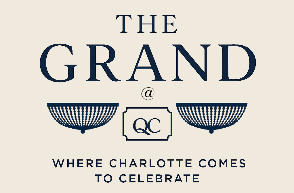 The Grand at QC logo featuring an elegant crystal chandelier silhouette with bold serif lettering and the tagline 'Where Charlotte Comes to Celebrate'.